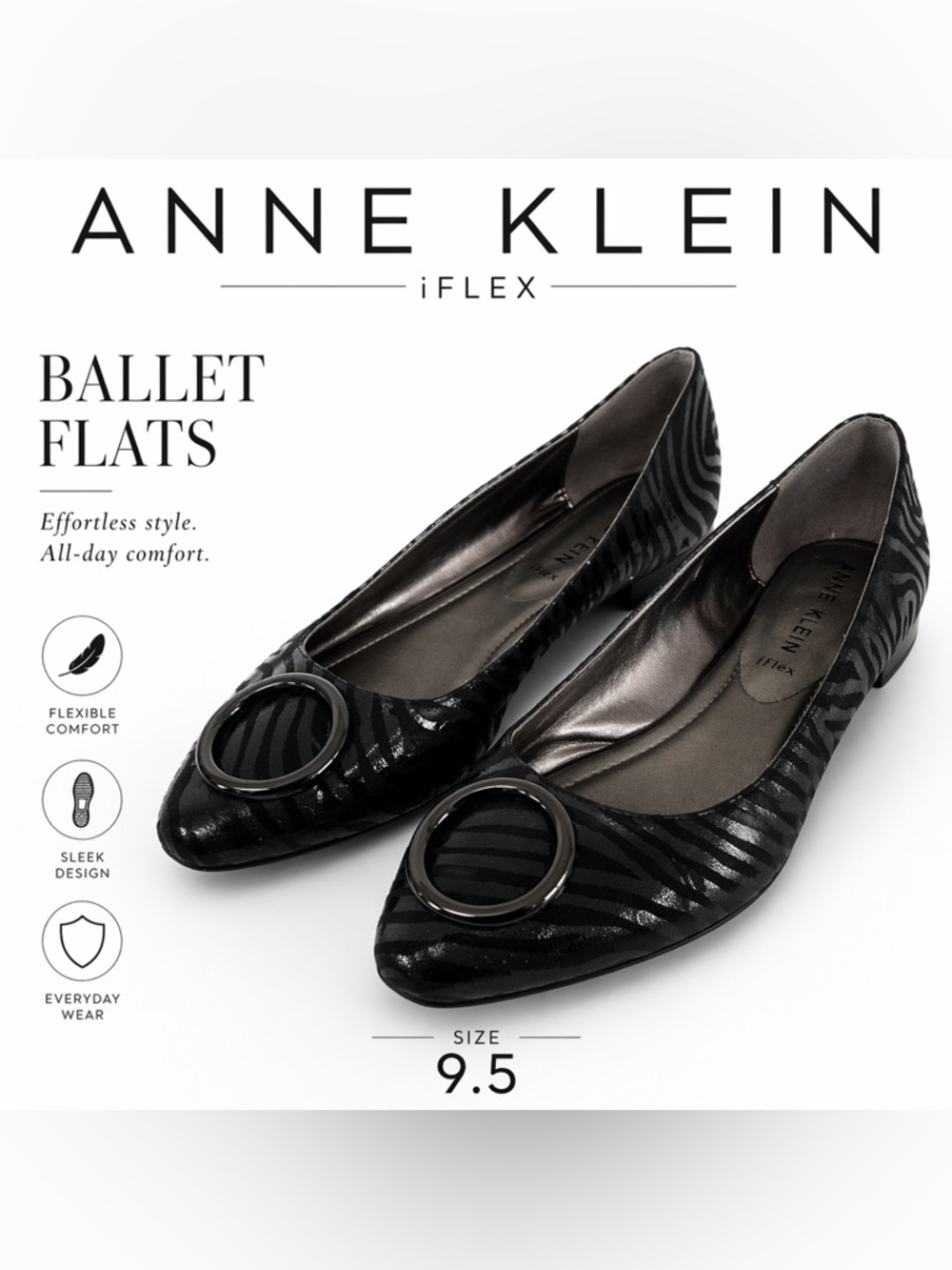 Anne Klein Black Zebra-Print iFlex Round-Buckle Ballet Flats
